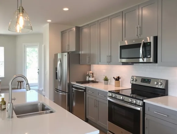 Unit turn kitchen renovation — gray shaker cabinets with subway tile, Fort Worth apartment community