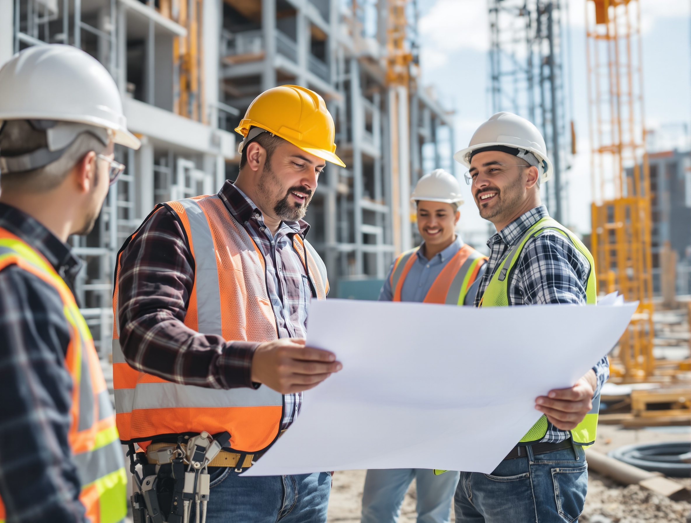 UTS BuildPros construction team reviewing project plans at a job site